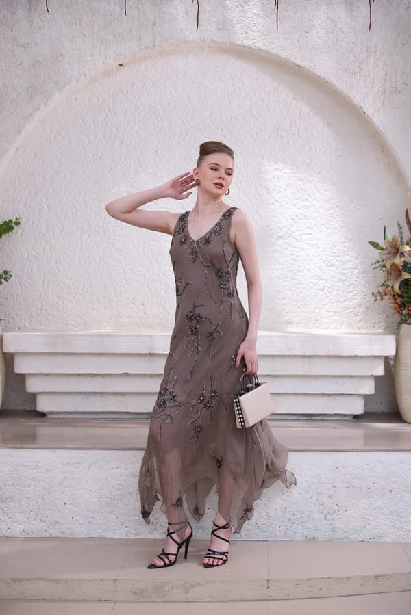 Taupe Hand-Beaded Dress — EDITION II