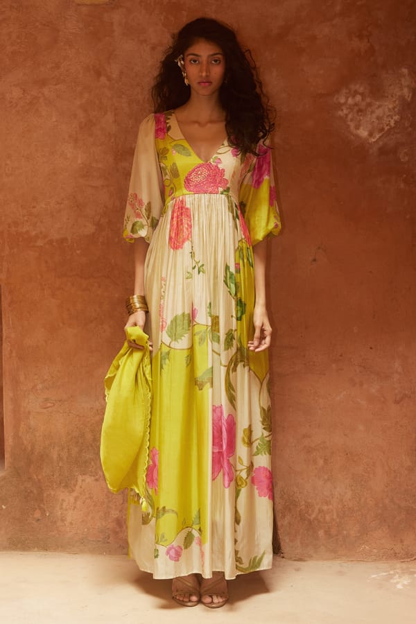 Lime Yellow Print Maxi Dress — Paulmi and Harsh