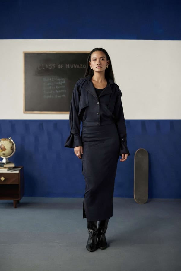 Navy Blue Suede Jacket and Maxi Pencil Skirt Co-ord Set — Muvazo