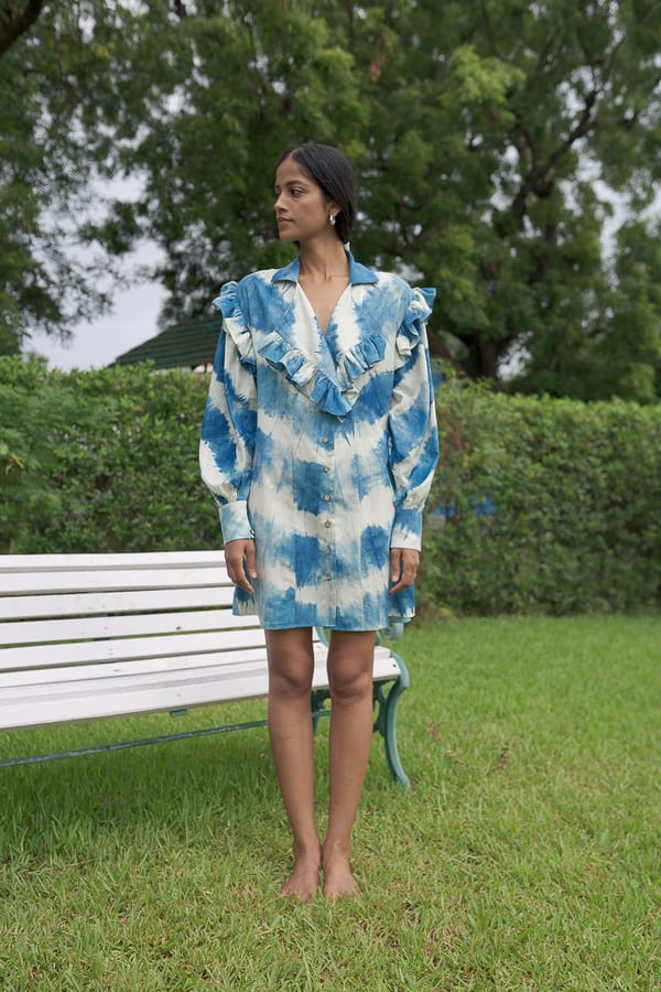 Blue and White Tie-Dye Collared Mini Shirt Dress — ALTER NATIVE