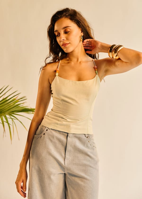 Green Linen Beaded Strap Lace-Up Back Fitted Top — Lea Clothing