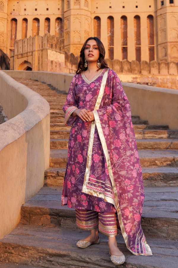 Purple Floral Printed Chanderi Kurta Set — Bannhi by Priyanka Rathore