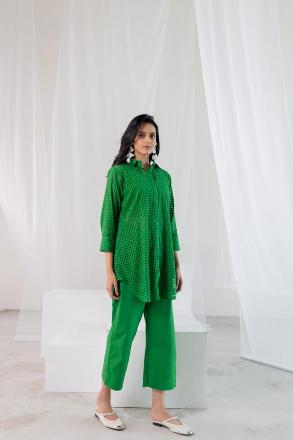 Emerald Schiffli Shirt and Wide-Leg Pants Co-ord Set — Silai studio