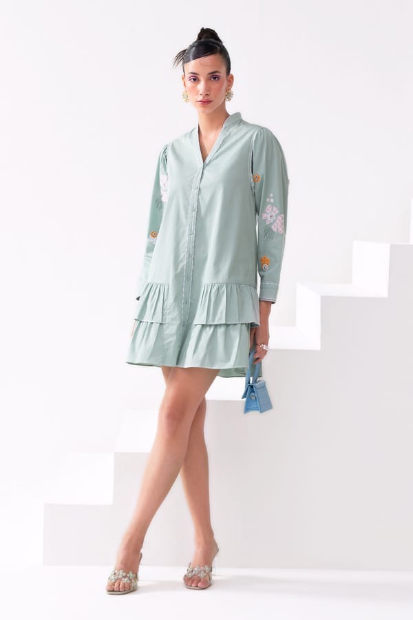 Sea Foam Tiered Button-Down Mini Shirt Dress — Our Love