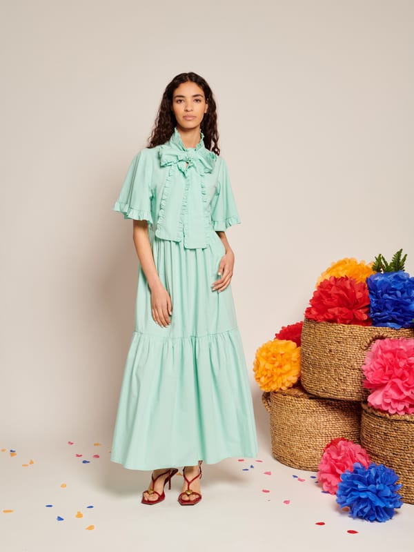 Turquoise Bow-Tie Neck Tiered Midi Dress — SISTER JANE