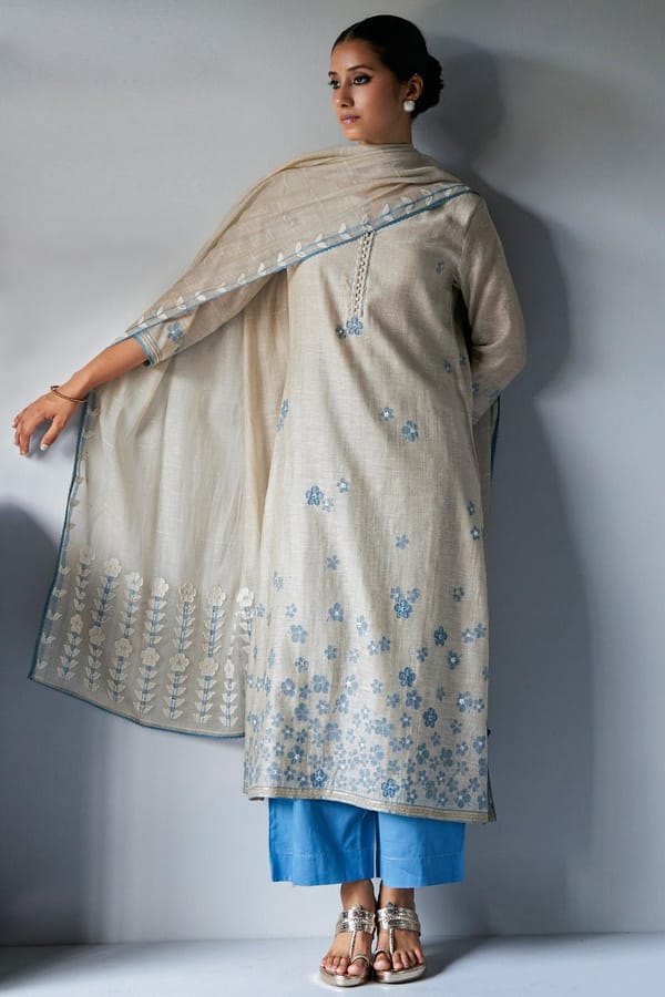 Beige and Light Blue Straight Kurta Suit Set with Dupatta — Ganga Fashions Pvt Ltd