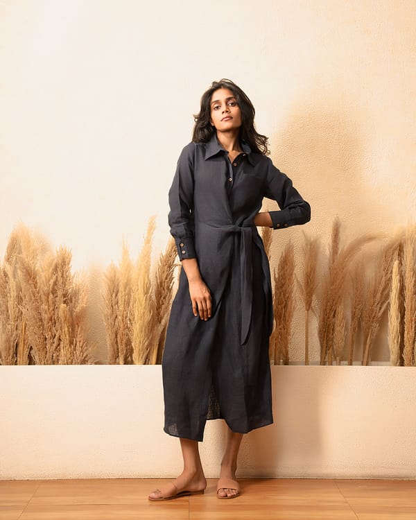 Navy Blue Linen Tie-Front Midi Shirt Dress — The Good Rebel