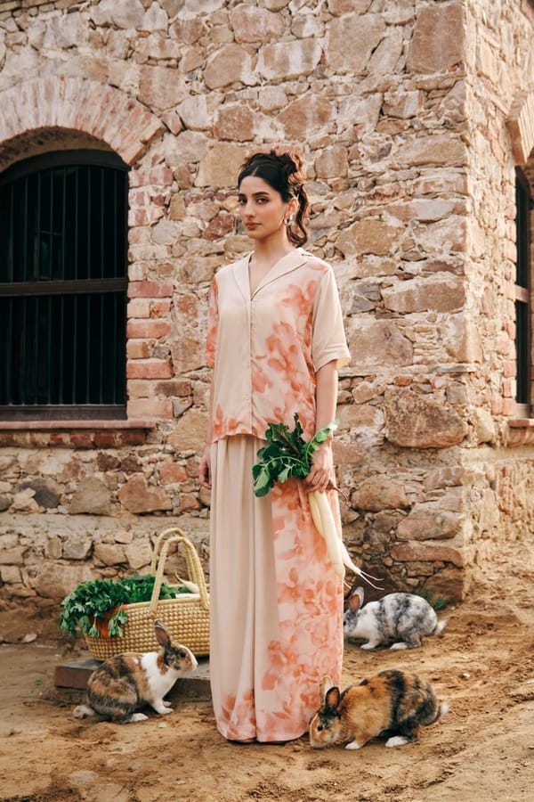Cream/Peach Printed Shirt and Wide-Leg Trouser Co-ord Set — Contemponari