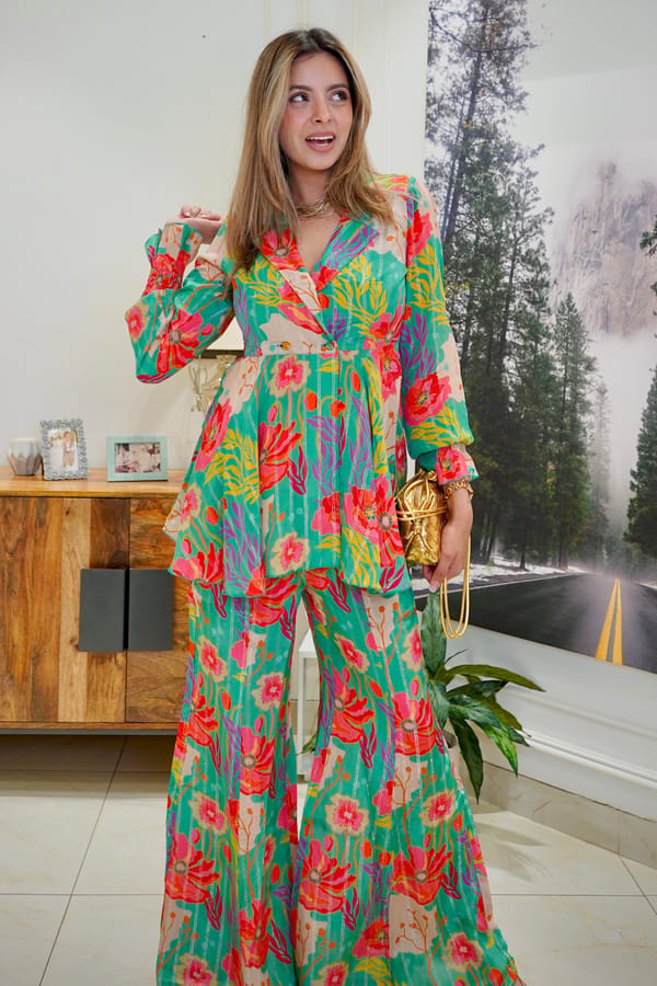 Multicolor Floral Peplum Top and Flared Pants Co-ord Set — Designs by Queen Bee