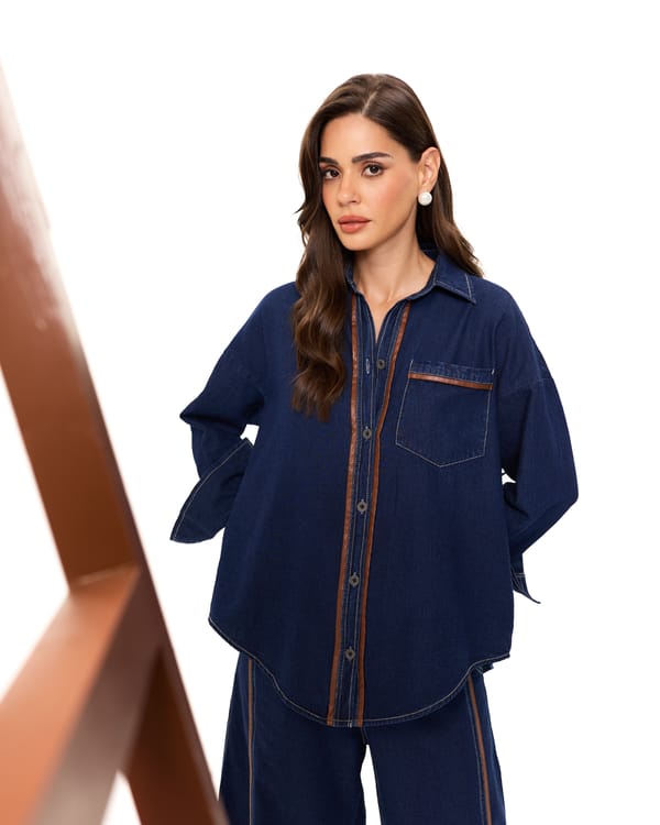 Indigo Denim Relaxed-Fit Shirt with Contrast Trim — AUR