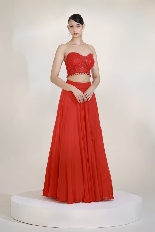 Crimson Bustier Lehenga Set — LIBAS CAFE