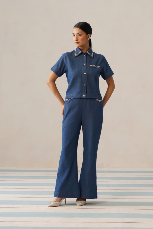 Blue Denim Embellished Collar Co-ord Set — Armoire