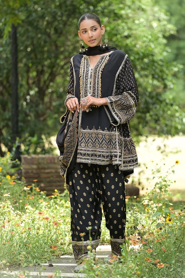 Black Solid Crepe Short Kurti With Farshi Pant And Dupatta — ISHUM By Karan Kapoor