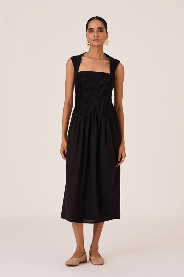 Black Pintuck Pleated Square-Neck Midi Dress — The Summer House