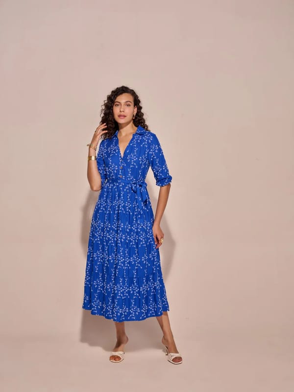Blue Floral Print Belted Tiered Midi Shirt Dress — Style Island