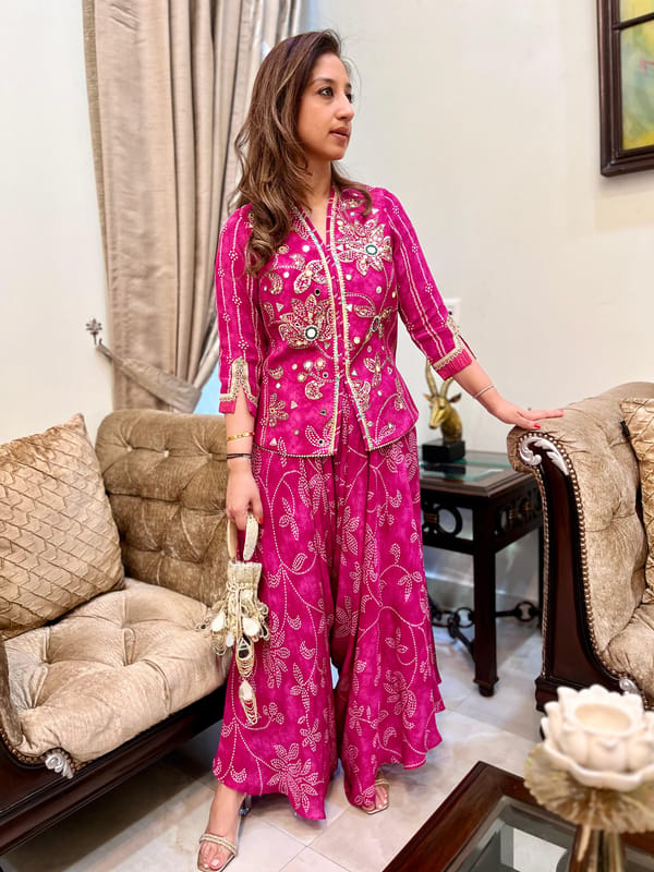 Pink Bandhani Print Embroidered Co-ord Set — BUMBLEBEE