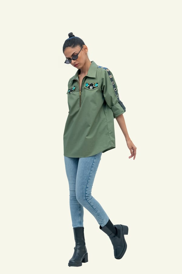 Olive Cotton Shirt with Embroidery on Pockets — Richa Goenka
