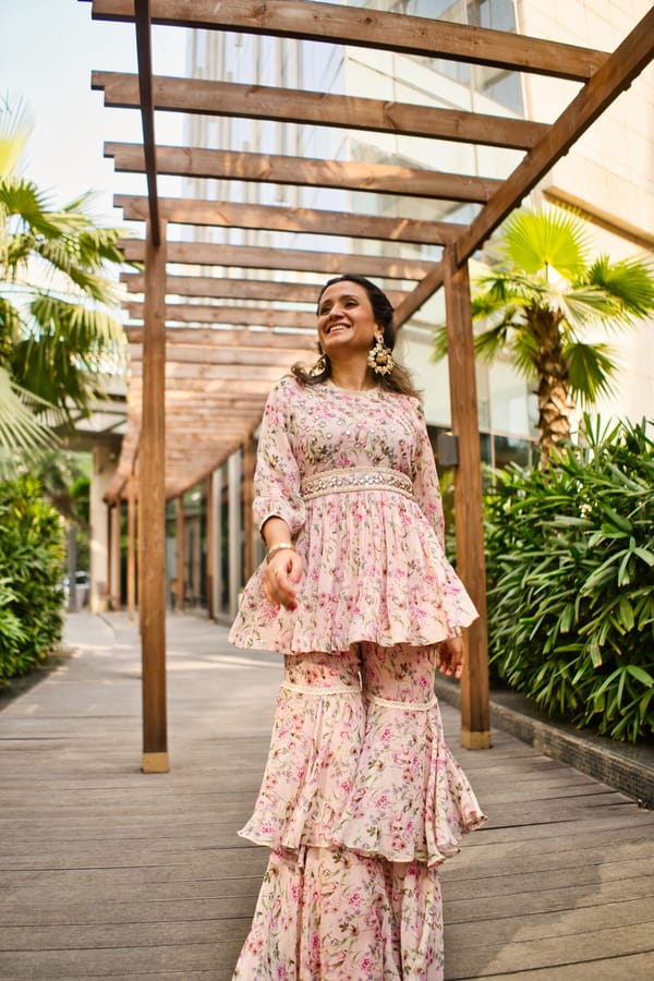 Pink Floral Peplum Kurta with Tiered Sharara Set — BUMBLEBEE