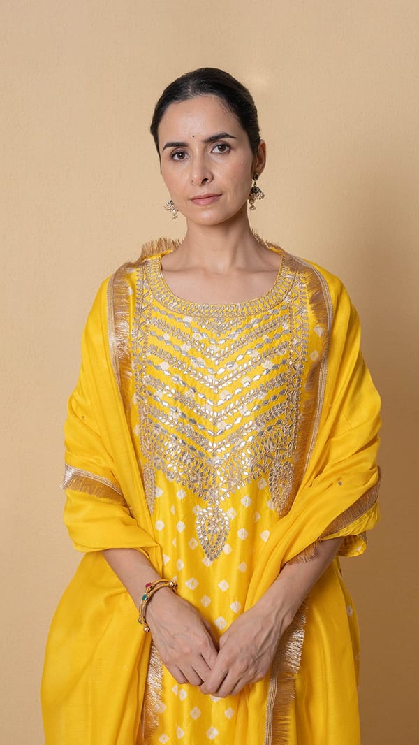 Yellow Chanderi Bandhej Kurta Set with Gota Patti Yoke — Kameez