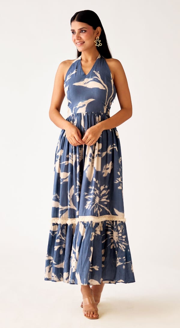 Blue Muslin Floral Long Dress — Basanti Kapde aur Koffee