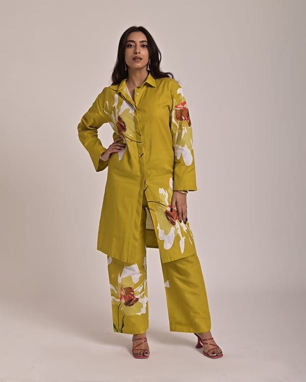 Olive Green Floral Placement Print Longline Shirt Top — Missy Co.