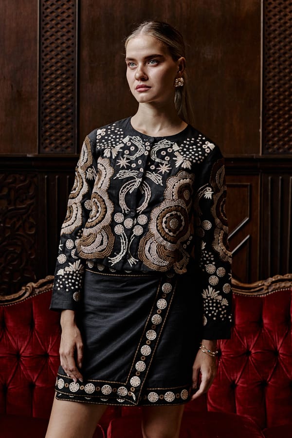 Black Embroidered Jacket and Wrap Mini Skirt Co-ord Set — BOHO-CHIC