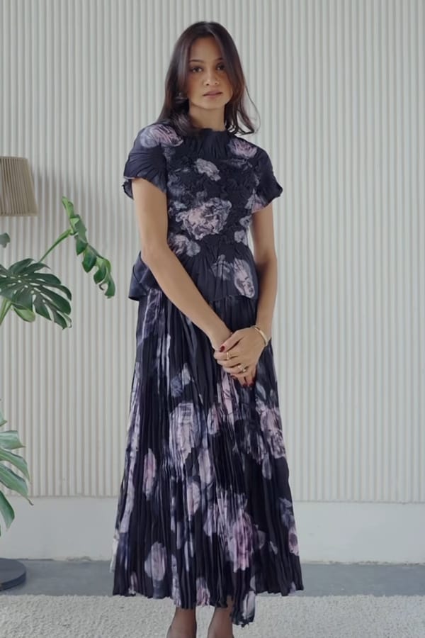 Black Floral Print Top and Pleated Maxi Skirt Co-ord Set — Pleats by Aruni