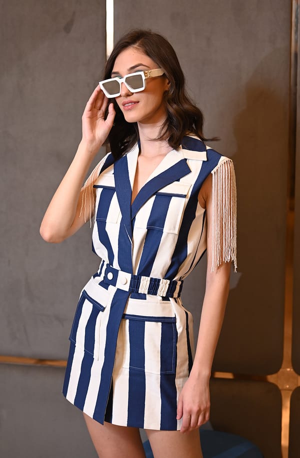 Stripe Denim Dress With Fringes — OMBRELLO