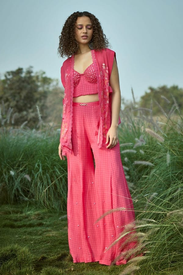 Embroidered Pink Jacket Pant Set — Basil Leaf