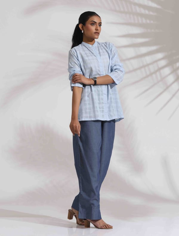Blue Checked Shirt Top and Flared Pants Co-ord Set — Truebrowns