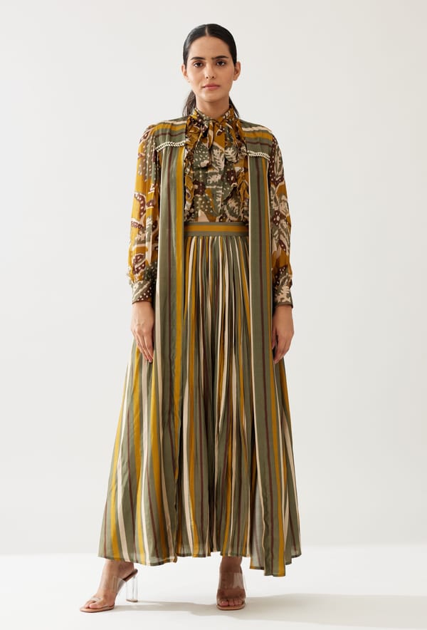 Mustard And Olive Stripe Sleeveless Cape — KoAi