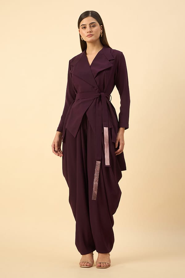 Sara Blazer Dhoti Set With Metallic Tie-Up Belt — Aakaar
