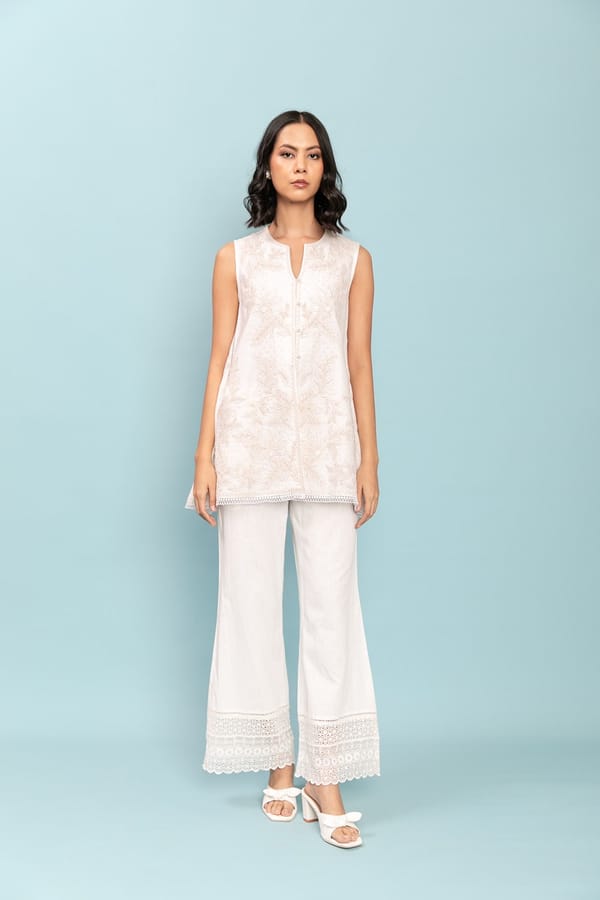 Ivory A-Line Sleeveless Tunic Set with Tonal Embroidery — LABEL NAARITI