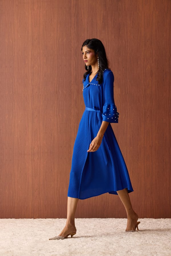 Sapphire Blue Pleated A-Line Midi Dress with Pearl Detail — Scarlet Sage