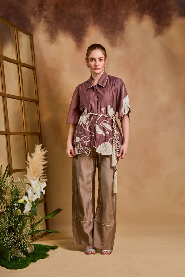 Brown/Copper Floral Applique Shirt and Trouser Co-ord Set — An'era by Asmita Verma