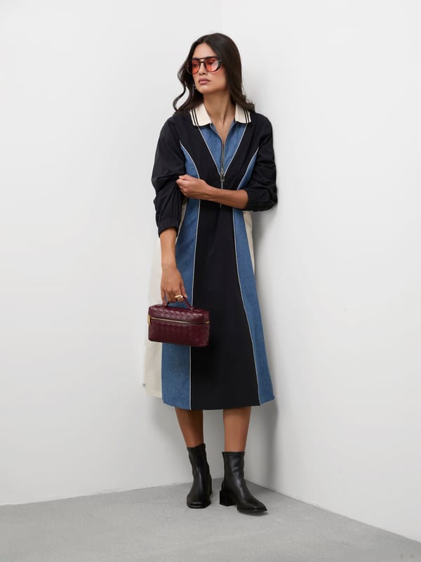 Black Colourblock Zip-Front Midi Dress — MADISON