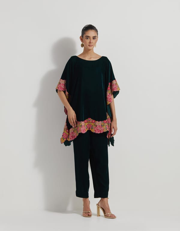 Bottle Green Velvet Poncho and Straight Pants Co-ord Set — Kavita Bhartia