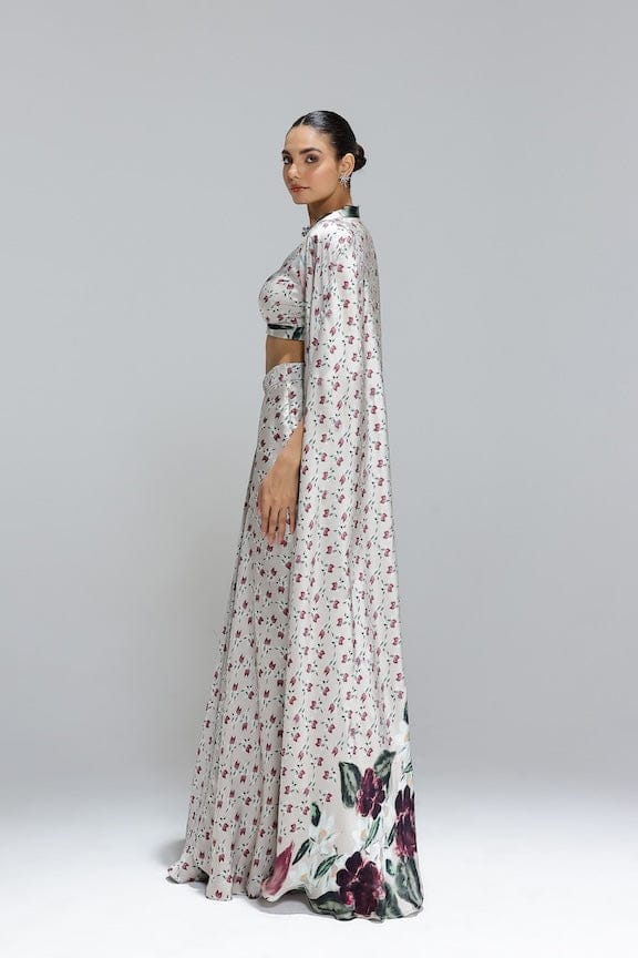 Beige Floral Bustier, Draped Maxi Skirt and Shrug Set — STUDIO SURBHI