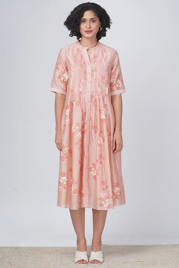 Sakura print pleated dress in silk chanderi — Arcvsh Pallavi Singh