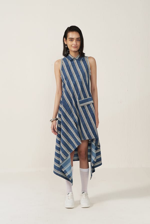 Blue Striped Sleeveless Collared Asymmetric Midi Dress — Muvazo