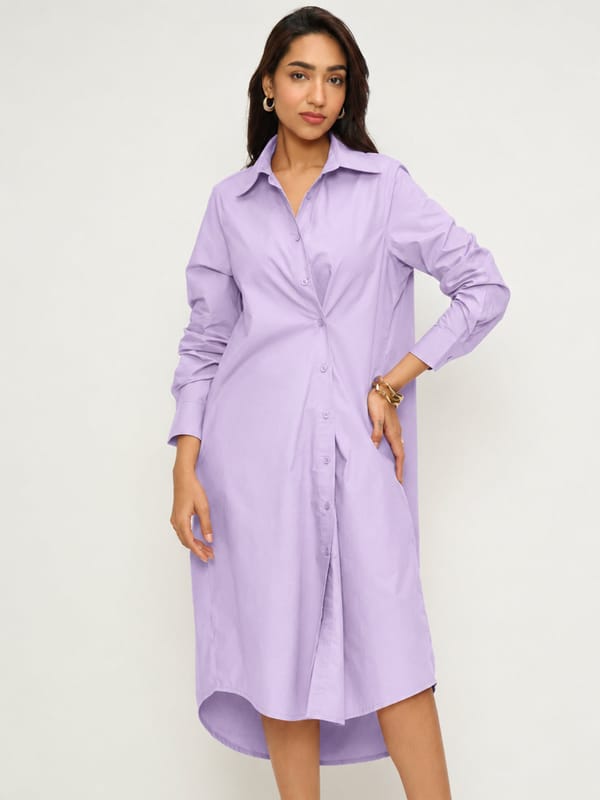 CrispCotton Lilac Asymmetrical Shirt Midi Dress — Femmella