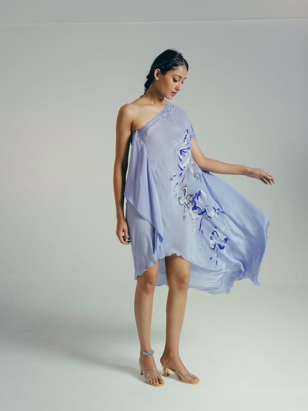 Blue One-Shoulder Kaftan Dress with 3D Floral Embroidery — Vrinda Soni