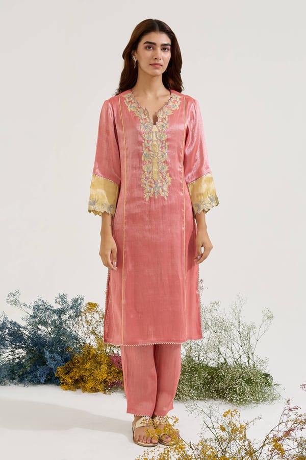 Red Tissue Straight Kurta Set with Applique Neck and Pants — Nero India
