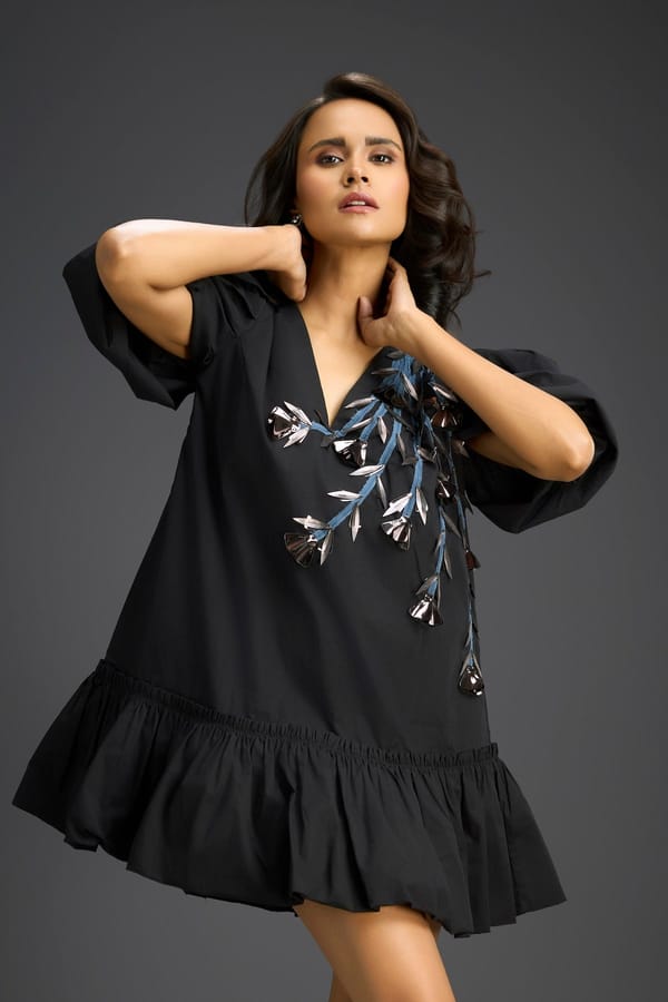 Black Ruffle Hem Floral Embroidered Dress — Deepika Arora