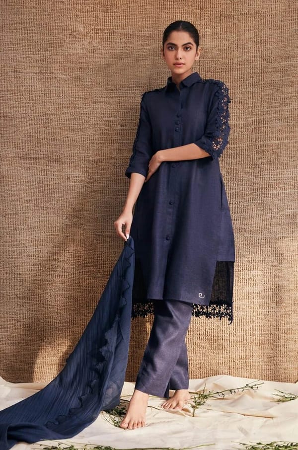Navy Blue Linen Straight Kurta with Lace Cutwork — YELL