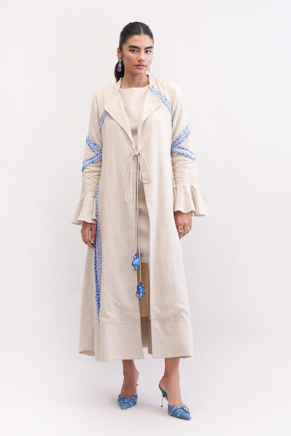 Neutral Cotton-Linen Maxi Cape Dress with Blue Embroidery — Our Love