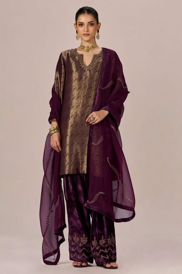 Plum Banarasi Festive Kurta Set — Ganga Fashions Pvt Ltd