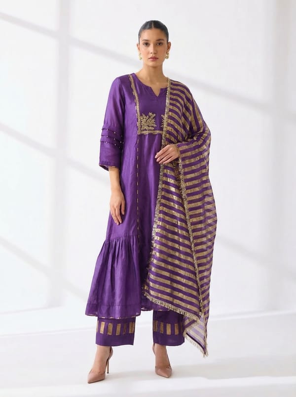 Purple Chanderi A-Line Kurta Set with Yoke Embroidery — Gulabik
