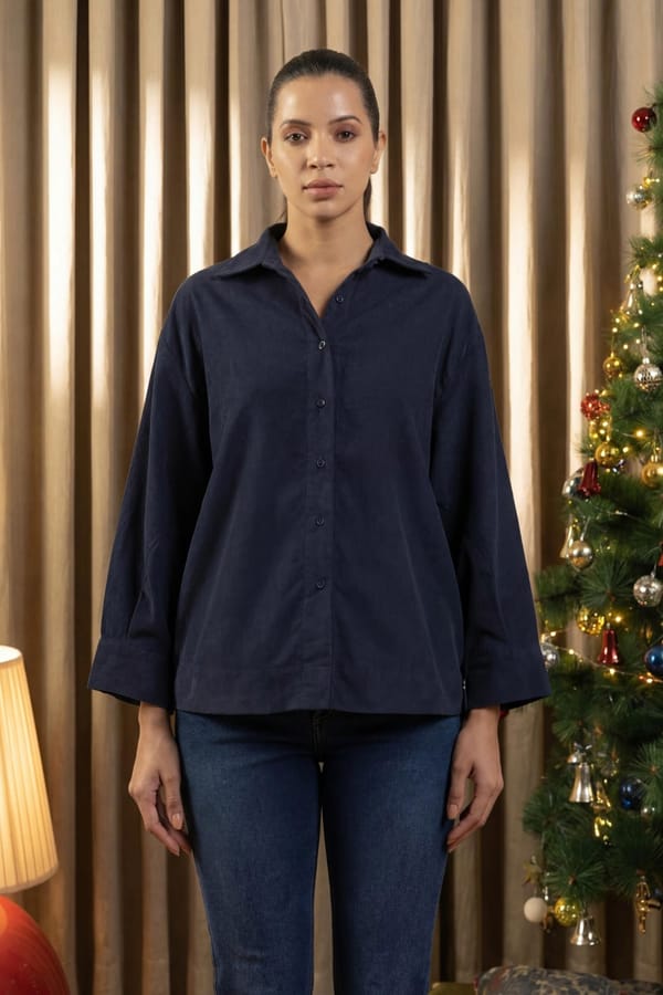 Navy Cotton Corduroy Relaxed-Fit Button-Down Shirt — Eko Clothing