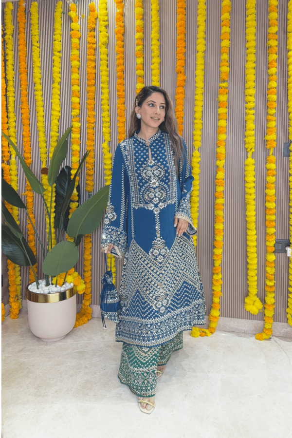 Teal & Emerald A-Line Printed Kurta Set with Palazzo — Surkh Syahi